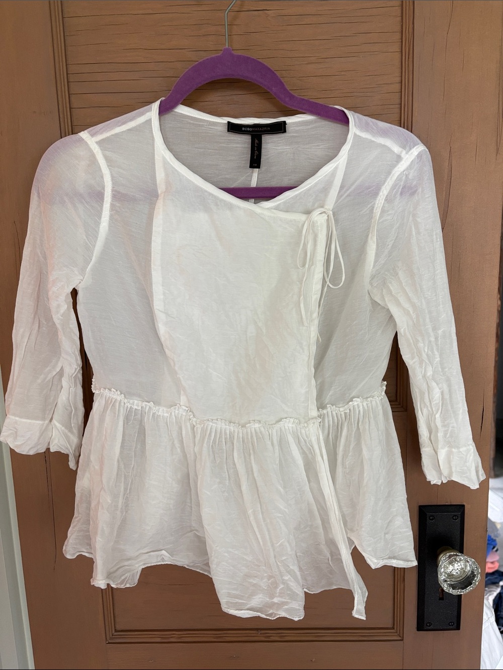 BCBGMaxAzria | White cross over Tie-Front Peplum top | size xs
